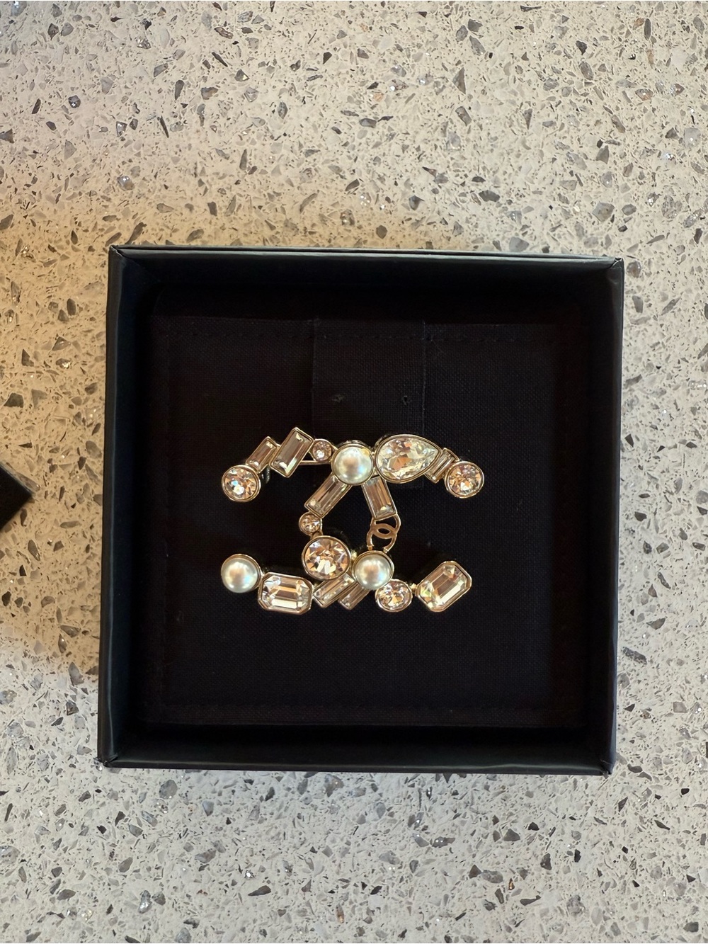 CHANEL Gold-Tone Double-C Brooch with Pearls and Clear Stones